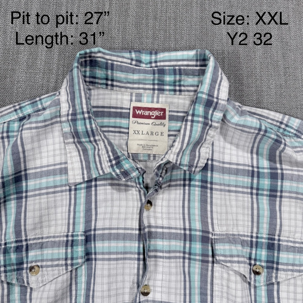 Wrangler Premium Quality Mens XXL Plaid Button Down Shirt Teal White Long Sleeve - Picture 2 of 3